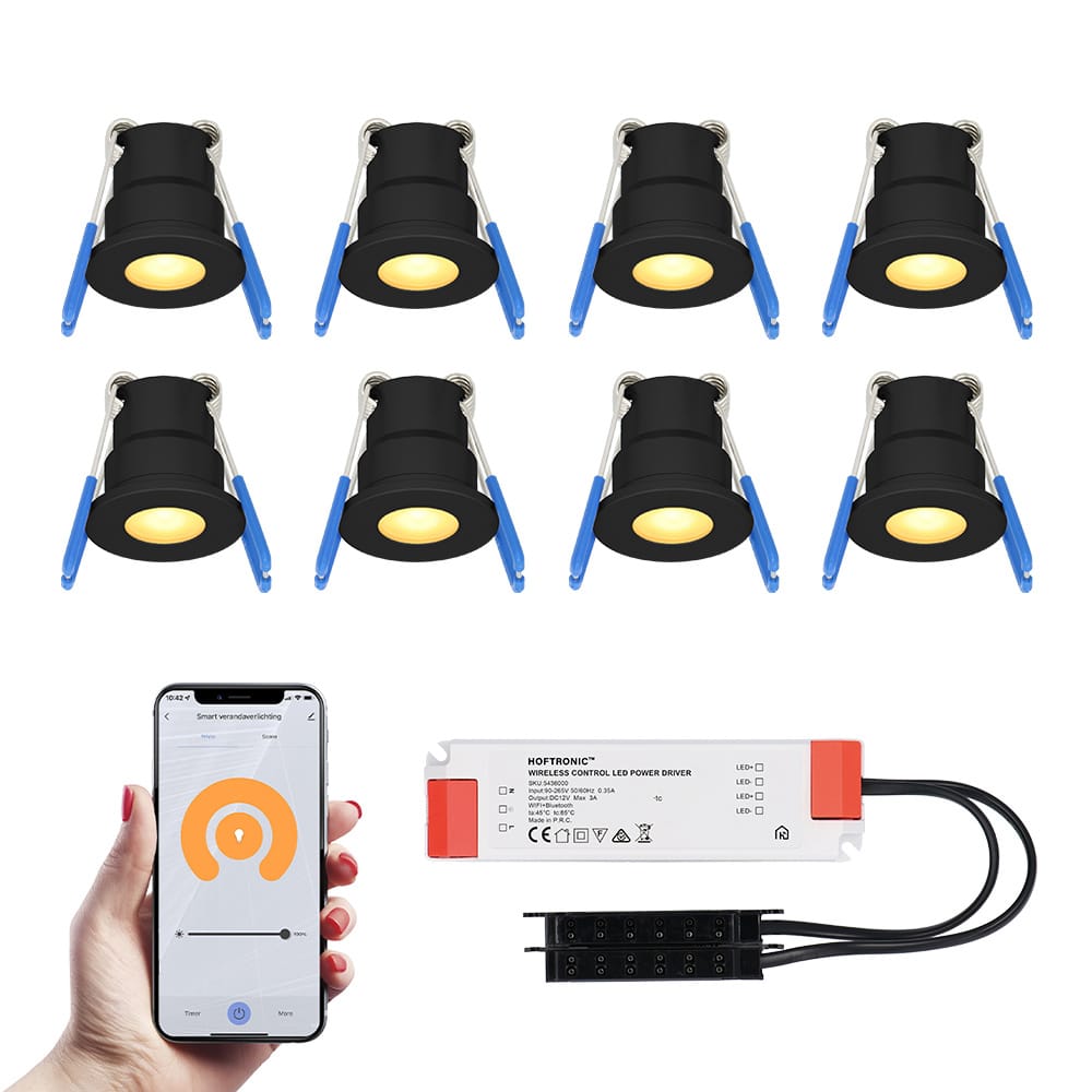 Set van 8 Milano Smart LED Mini Inbouwspots - Veranda spots - 12V 3W 200lm - Dimbaar - Wifi & Bluetooth - 2700K - IP65 waterdicht - Zwart afbeelding