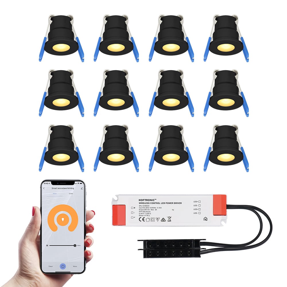 Set van 12 Milano Smart LED Mini Inbouwspots - Veranda spots - 12V 3W 200lm - Dimbaar - Wifi & Bluetooth - 2700K - IP65 waterdicht - Zwart afbeelding