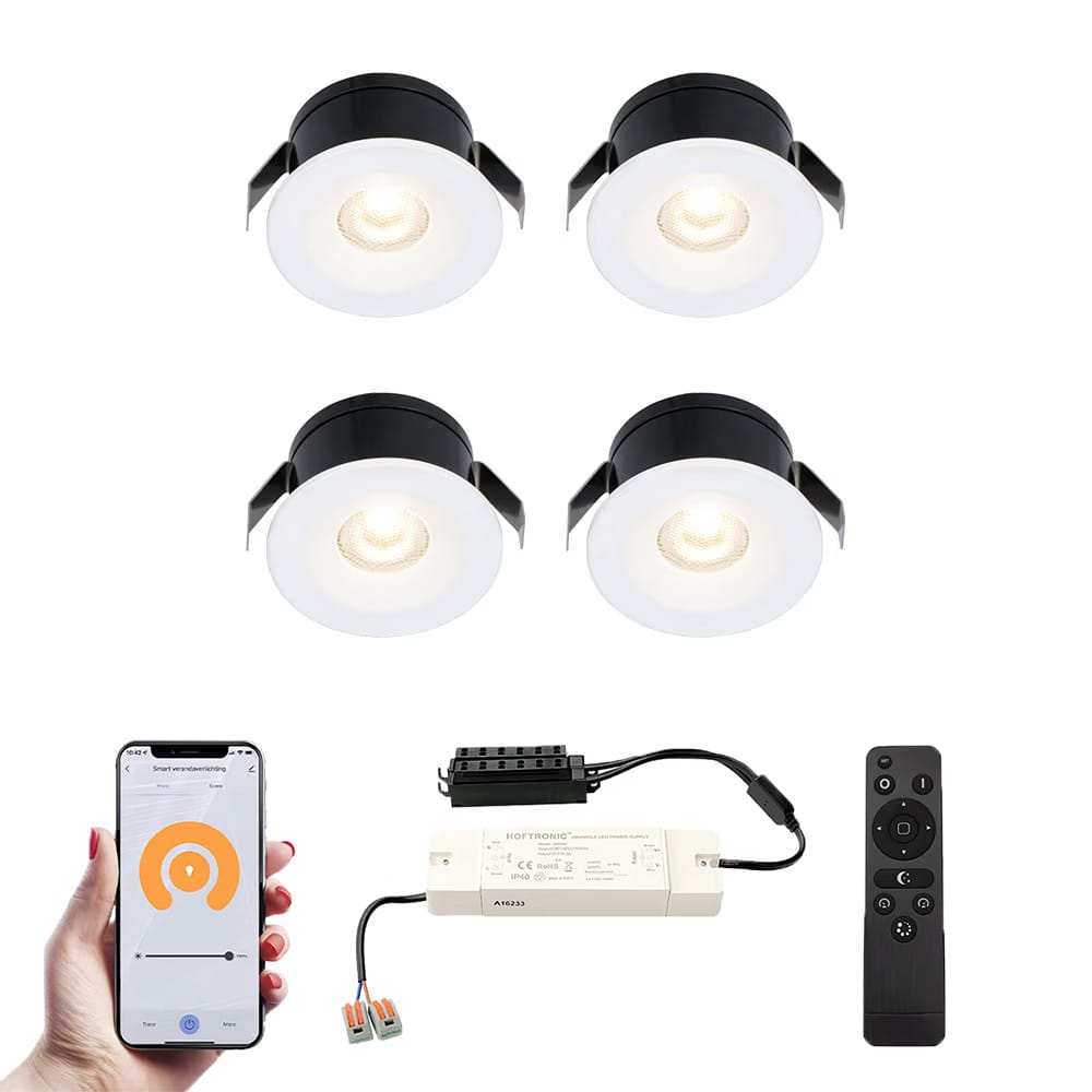 Set van 4 Cadiz Smart LED Mini Inbouwspots Veranda spots 12V 3W 200lm Dimbaar Wifi Bluetooth 2700K IP44 waterdicht Wit