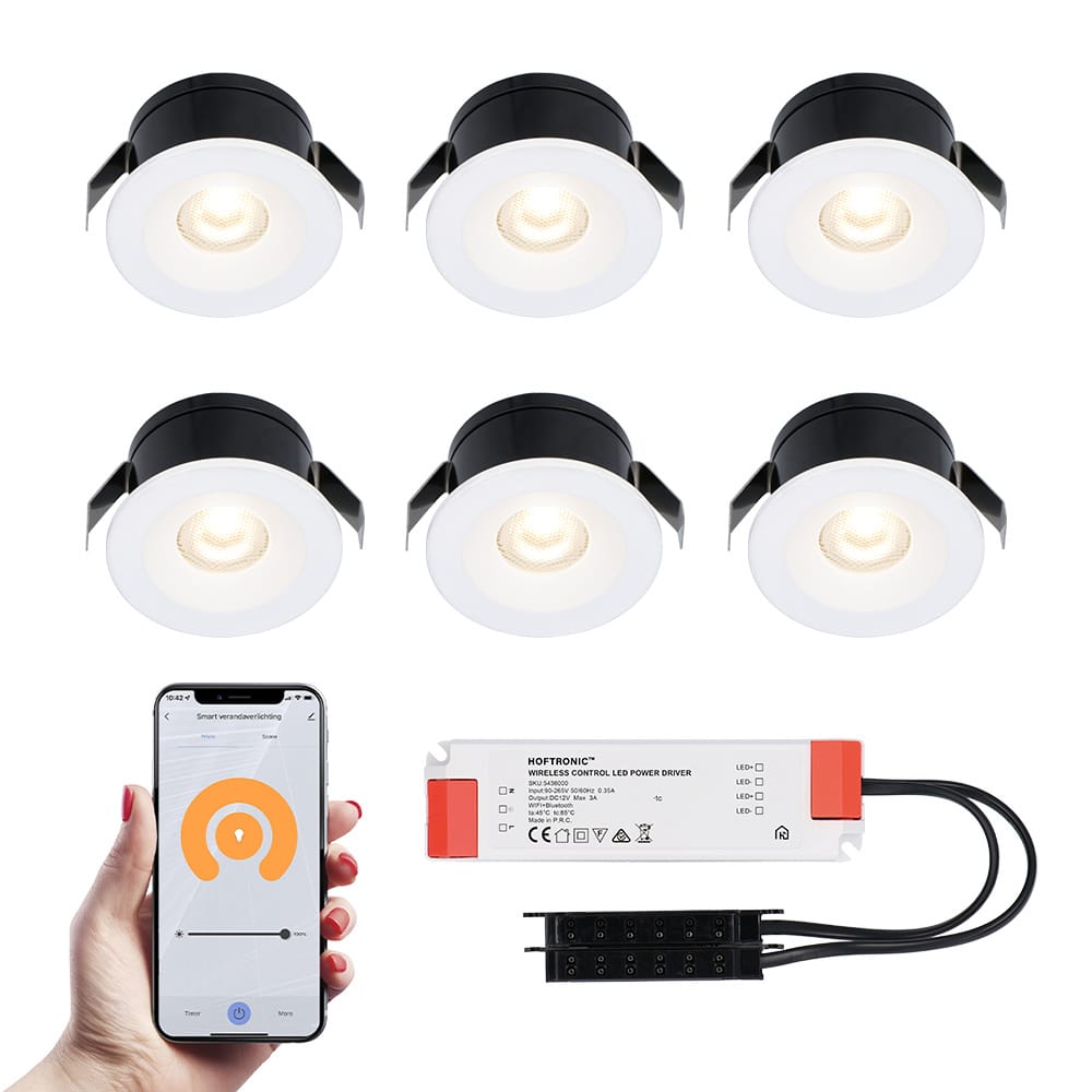 Set van 6 Cadiz Smart LED Mini Inbouwspots - Veranda spots - 12V 3W 200lm - Dimbaar - Wifi & Bluetooth - 2700K - IP44 waterdicht - Wit afbeelding