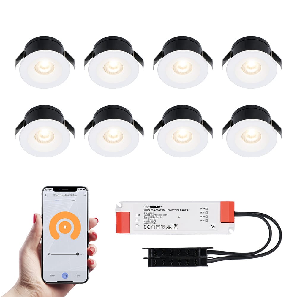 Set van 8 Cadiz Smart LED Mini Inbouwspots - Veranda spots - 12V 3W 200lm - Dimbaar - Wifi & Bluetooth - 2700K - IP44 waterdicht - Wit afbeelding