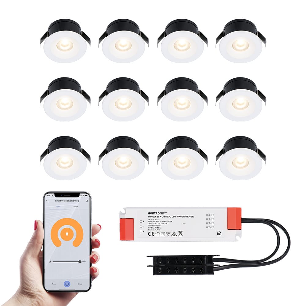 Set van 12 Cadiz Smart LED Mini Inbouwspots - Veranda spots - 12V 3W 200lm - Dimbaar - Wifi & Bluetooth - 2700K - IP44 waterdicht - Wit afbeelding