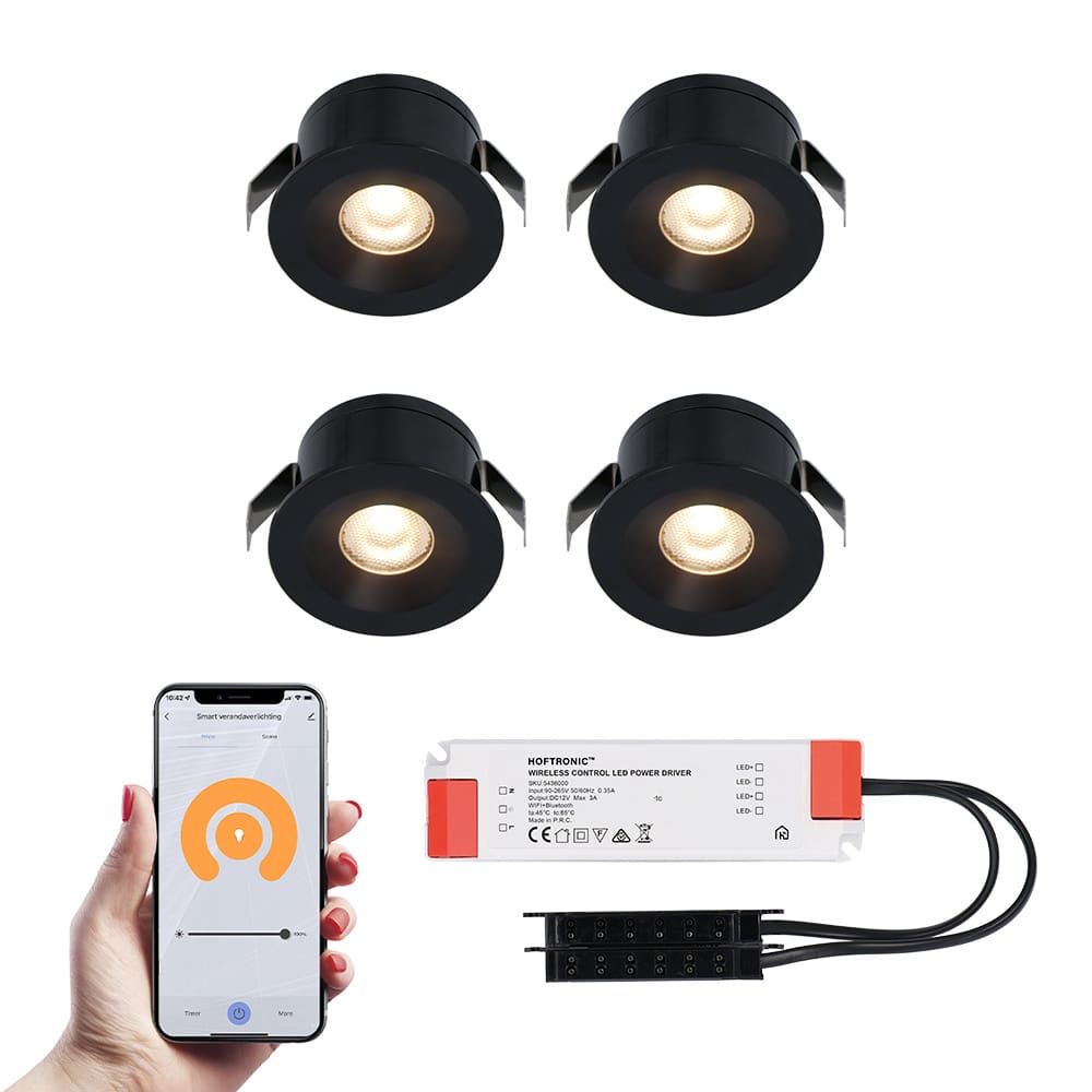 Set van 4 Cadiz Smart LED Mini Inbouwspots - Veranda spots - 12V 3W 200lm - Dimbaar - Wifi & Bluetooth - 2700K - IP44 waterdicht - Zwart afbeelding