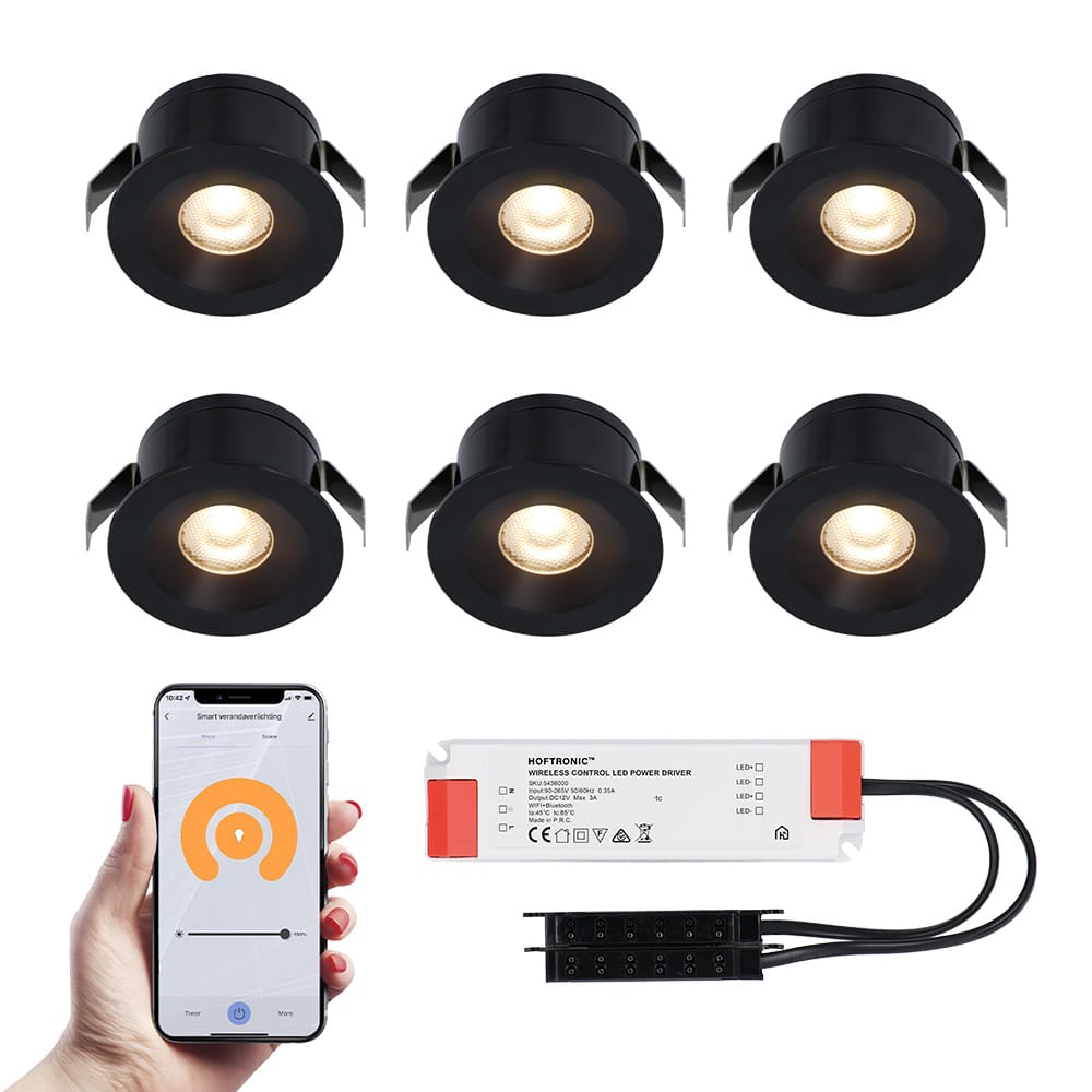 Set van 6 Cadiz Smart LED Mini Inbouwspots - Veranda spots - 12V 3W 200lm - Dimbaar - Wifi & Bluetooth - 2700K - IP44 waterdicht - Zwart afbeelding