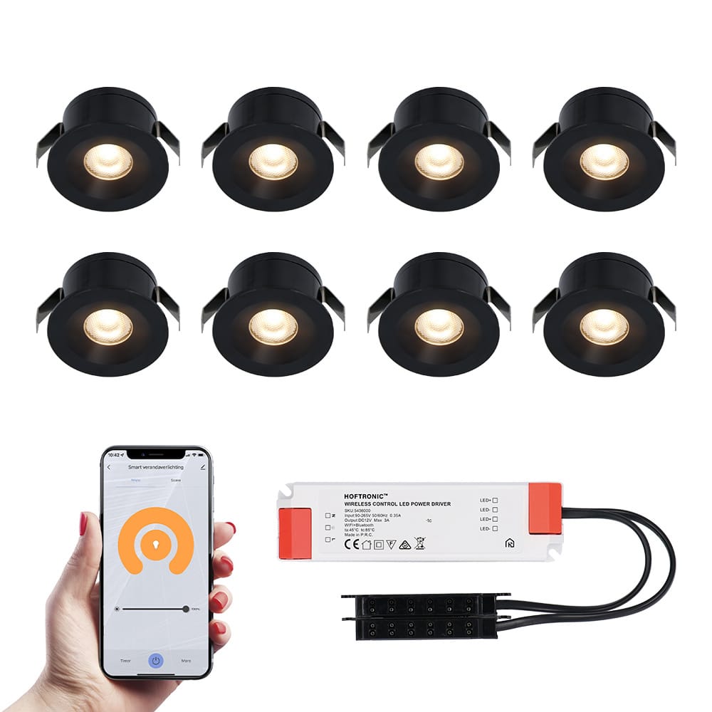 Set van 8 Cadiz Smart LED Mini Inbouwspots - Veranda spots - 12V 3W 200lm - Dimbaar - Wifi & Bluetooth - 2700K - IP44 waterdicht - Zwart afbeelding