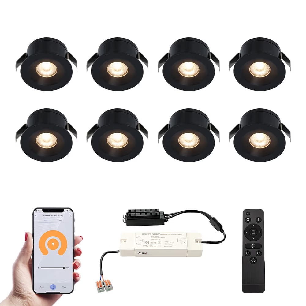 Set van 8 Cadiz Smart LED Mini Inbouwspots - Veranda spots - 12V 3W 200lm - Dimbaar - Wifi & Bluetooth - 2700K - IP44 waterdicht - Zwart afbeelding 1