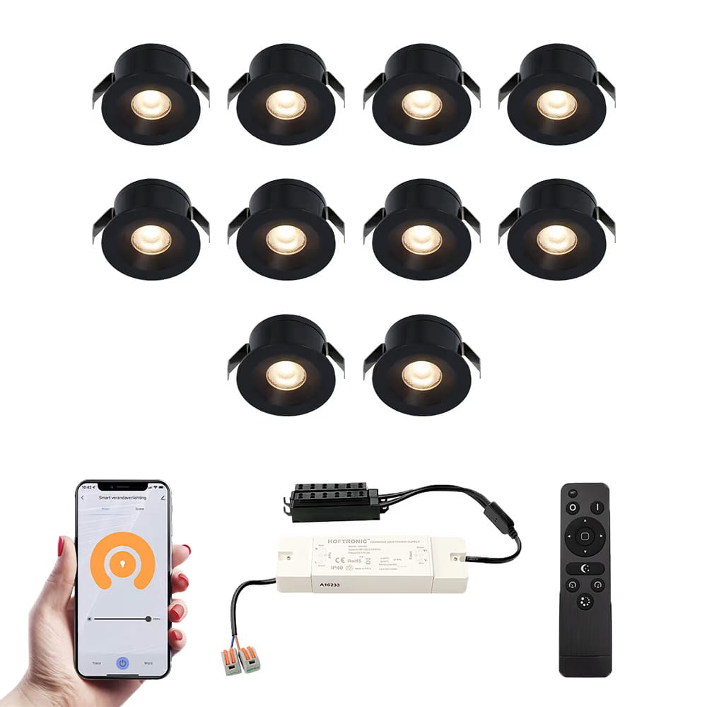 Set van 10 Cadiz Smart LED Mini Inbouwspots - Veranda spots - 12V 3W 200lm - Dimbaar - Wifi & Bluetooth - 2700K - IP44 waterdicht - Zwart afbeelding 1