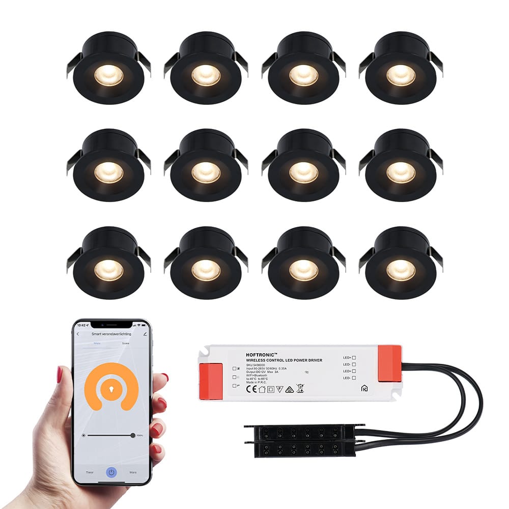 Set van 12 Cadiz Smart LED Mini Inbouwspots - Veranda spots - 12V 3W 200lm - Dimbaar - Wifi & Bluetooth - 2700K - IP44 waterdicht - Zwart afbeelding