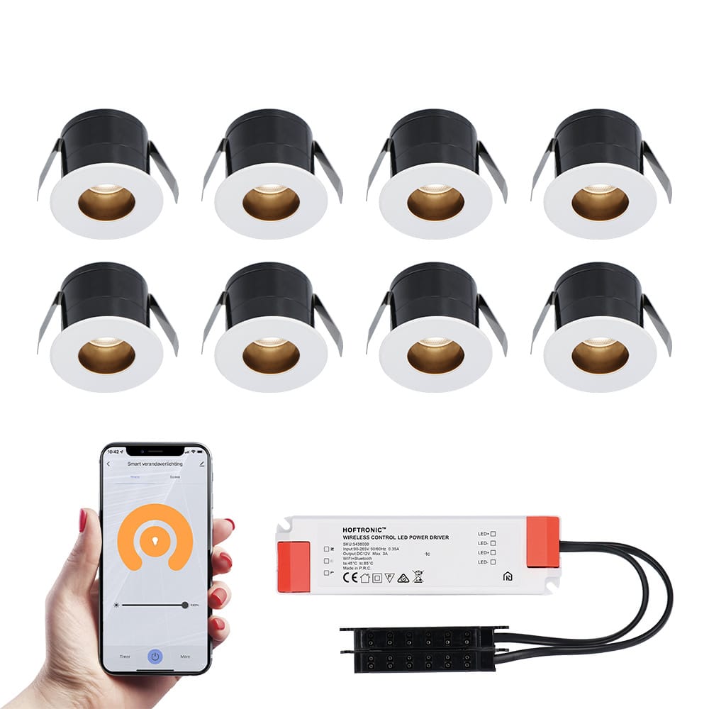 Set van 8 Olivia Smart LED Mini Inbouwspots - Veranda spots - 12V 3W 150lm - Dimbaar - Wifi & Bluetooth - 2700K - IP44 waterdicht - Wit afbeelding