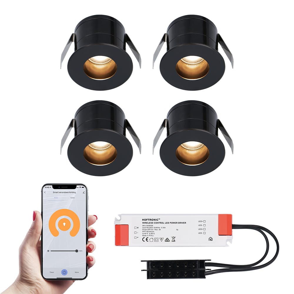 Set van 4 Olivia Smart LED Mini Inbouwspots - Veranda spots - 12V 3W 150lm - Dimbaar - Wifi & Bluetooth - 2700K - IP44 waterdicht - Zwart afbeelding