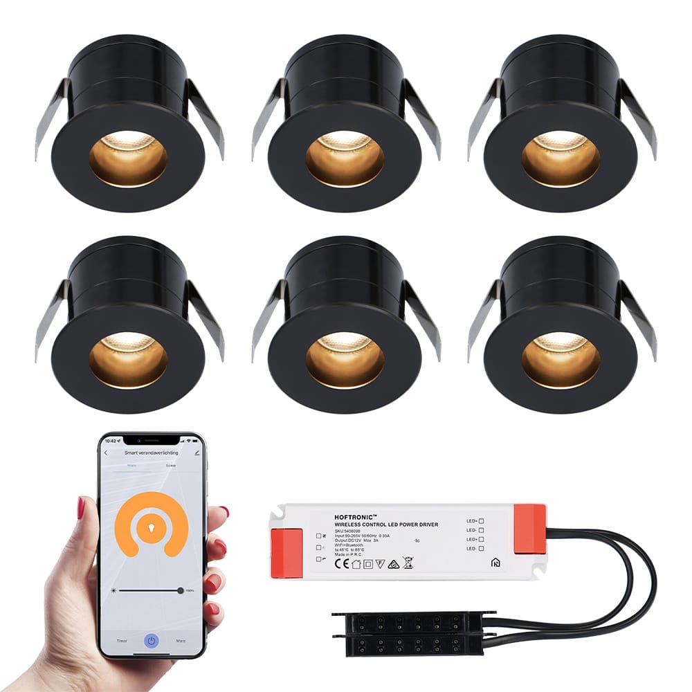 Set van 6 Olivia Smart LED Mini Inbouwspots - Veranda spots - 12V 3W 150lm - Dimbaar - Wifi & Bluetooth - 2700K - IP44 waterdicht - Zwart afbeelding