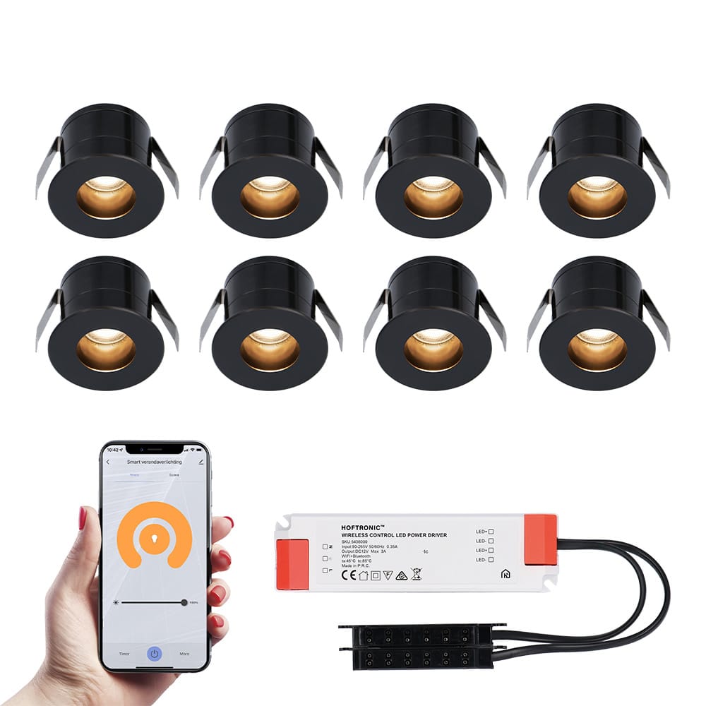 Set van 8 Olivia Smart LED Mini Inbouwspots - Veranda spots - 12V 3W 150lm - Dimbaar - Wifi & Bluetooth - 2700K - IP44 waterdicht - Zwart afbeelding