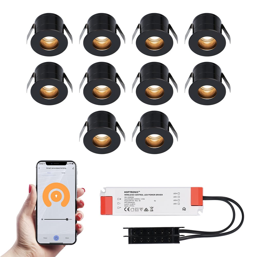 Set van 10 Olivia Smart LED Mini Inbouwspots - Veranda spots - 12V 3W 150lm - Dimbaar - Wifi & Bluetooth - 2700K - IP44 waterdicht - Zwart afbeelding