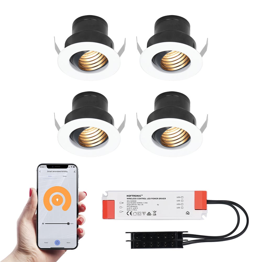Set van 4 Medina Smart LED Mini Inbouwspots - Veranda spots - 12V 3W 150lm - Dimbaar - Kantelbaar - Wifi & Bluetooth - 2700K - IP44 - Wit afbeelding