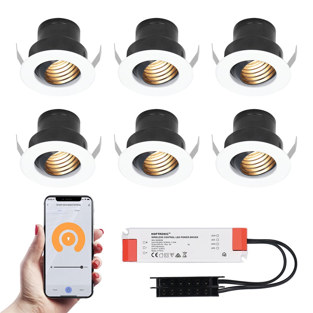 Set van 6 Medina Smart LED Mini Inbouwspots - Veranda spots - 12V 3W 150lm - Dimbaar - Kantelbaar - Wifi & Bluetooth - 2700K - IP44 - Wit afbeelding