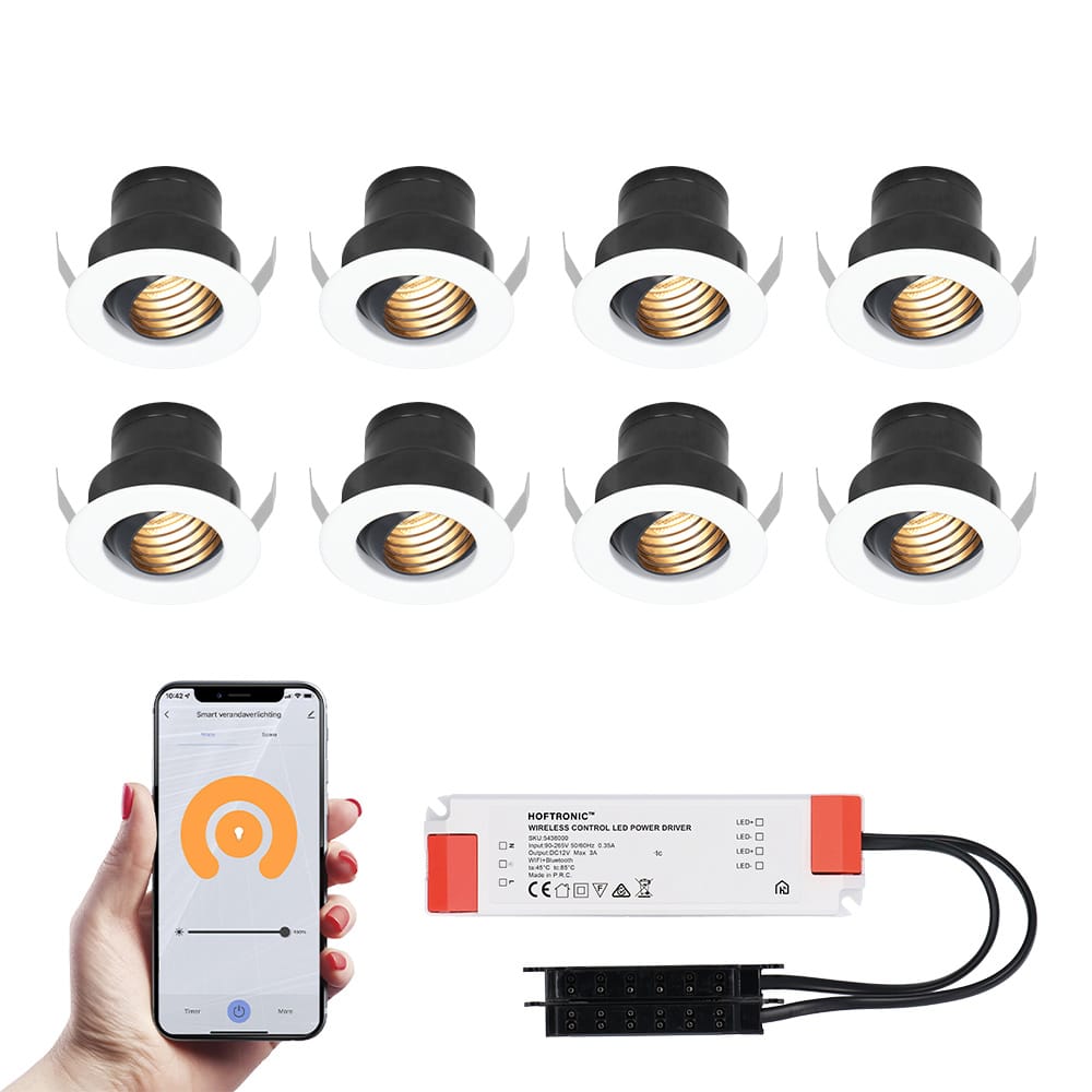 Set van 8 Medina Smart LED Mini Inbouwspots - Veranda spots - 12V 3W 150lm - Dimbaar - Kantelbaar - Wifi & Bluetooth - 2700K - IP44 - Wit afbeelding