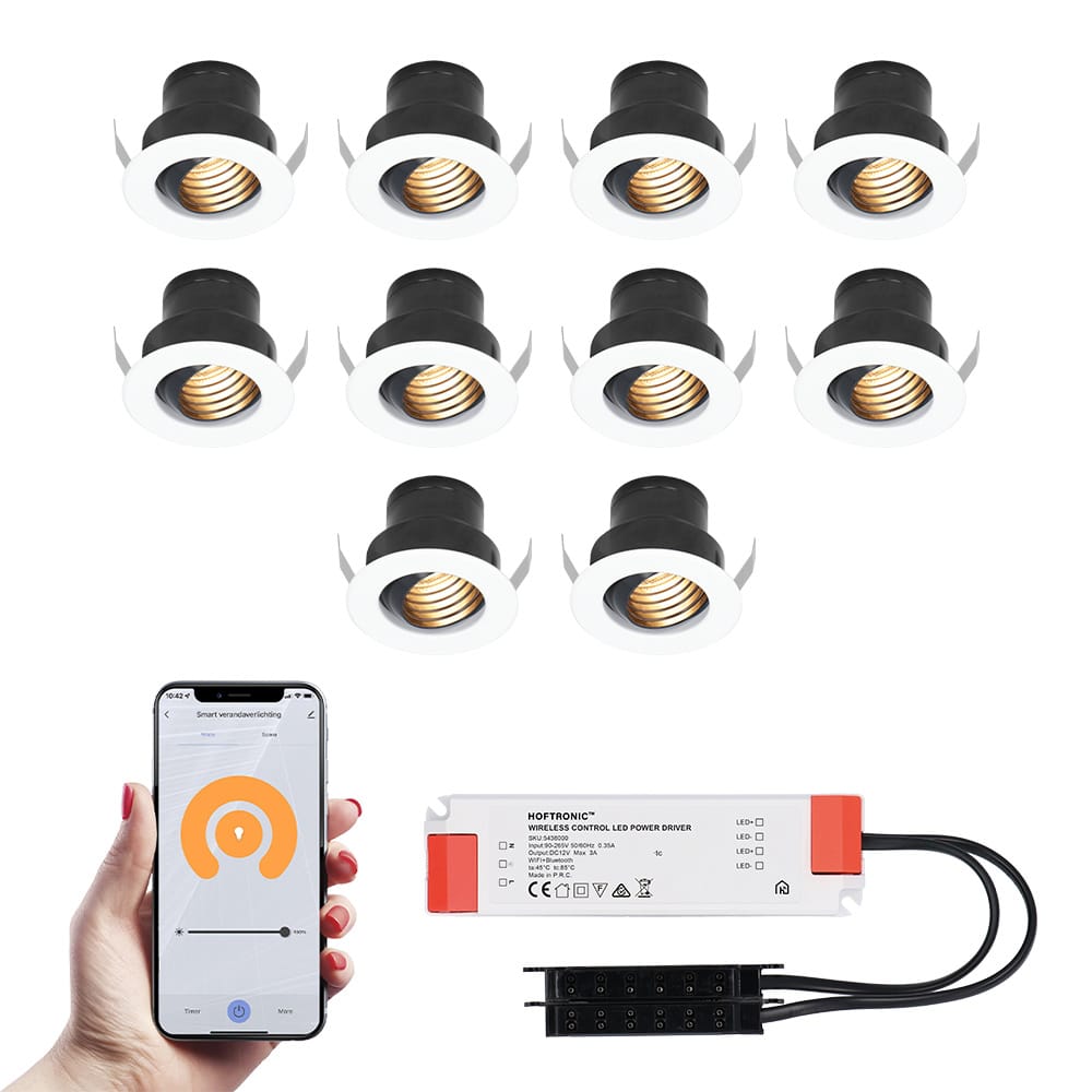 Set van 10 Medina Smart LED Mini Inbouwspots - Veranda spots - 12V 3W 150lm - Dimbaar - Kantelbaar - Wifi & Bluetooth - 2700K - IP44 - Wit afbeelding