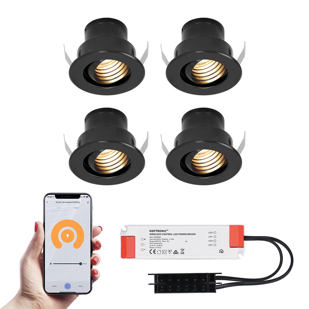 Set van 4 Medina Smart LED Mini Inbouwspots - Veranda spots - 12V 3W 150lm - Dimbaar - Kantelbaar - Wifi & Bluetooth - 2700K - IP44 - Zwart afbeelding