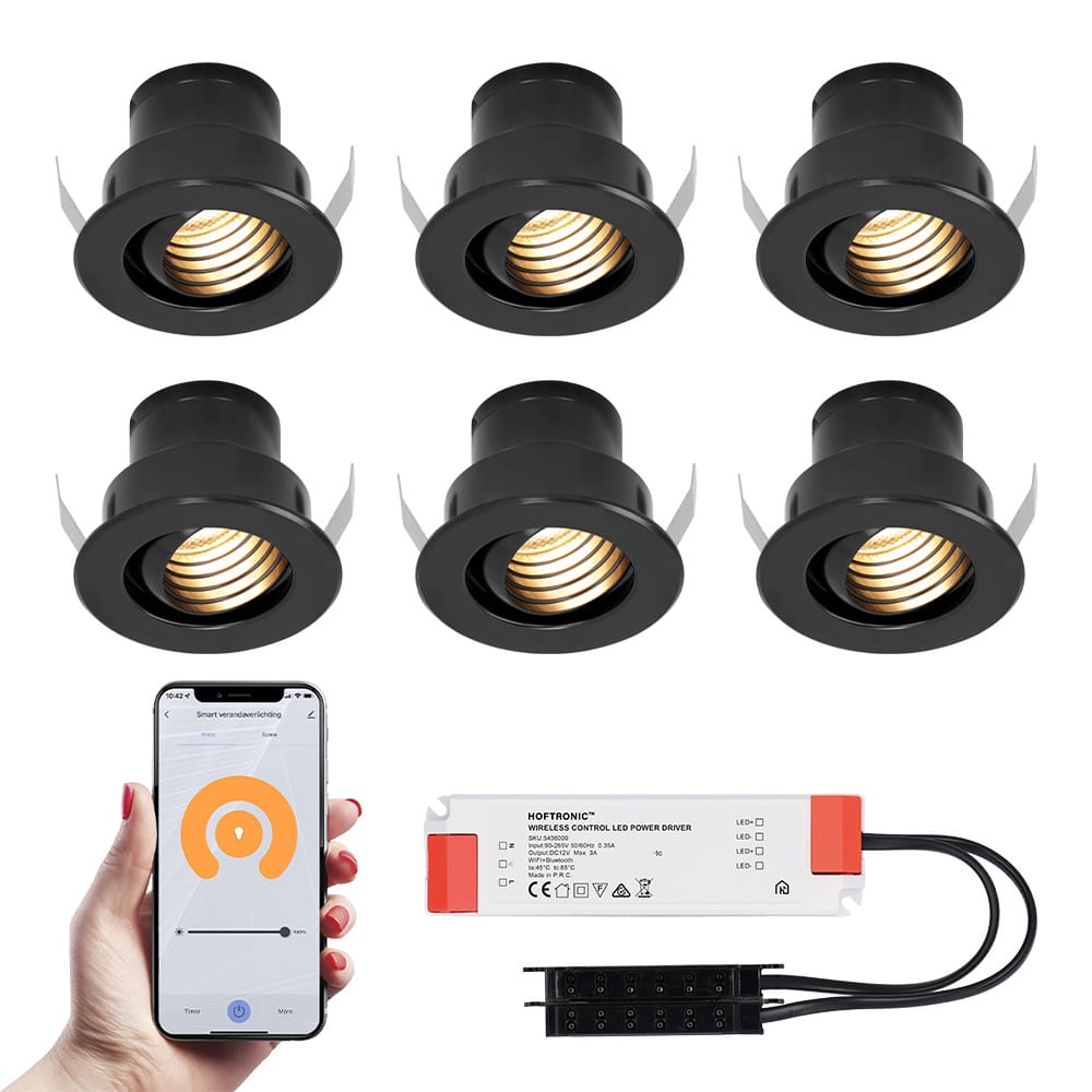 Set van 6 Medina Smart LED Mini Inbouwspots - Veranda spots - 12V 3W 150lm - Dimbaar - Kantelbaar - Wifi & Bluetooth - 2700K - IP44 - Zwart afbeelding