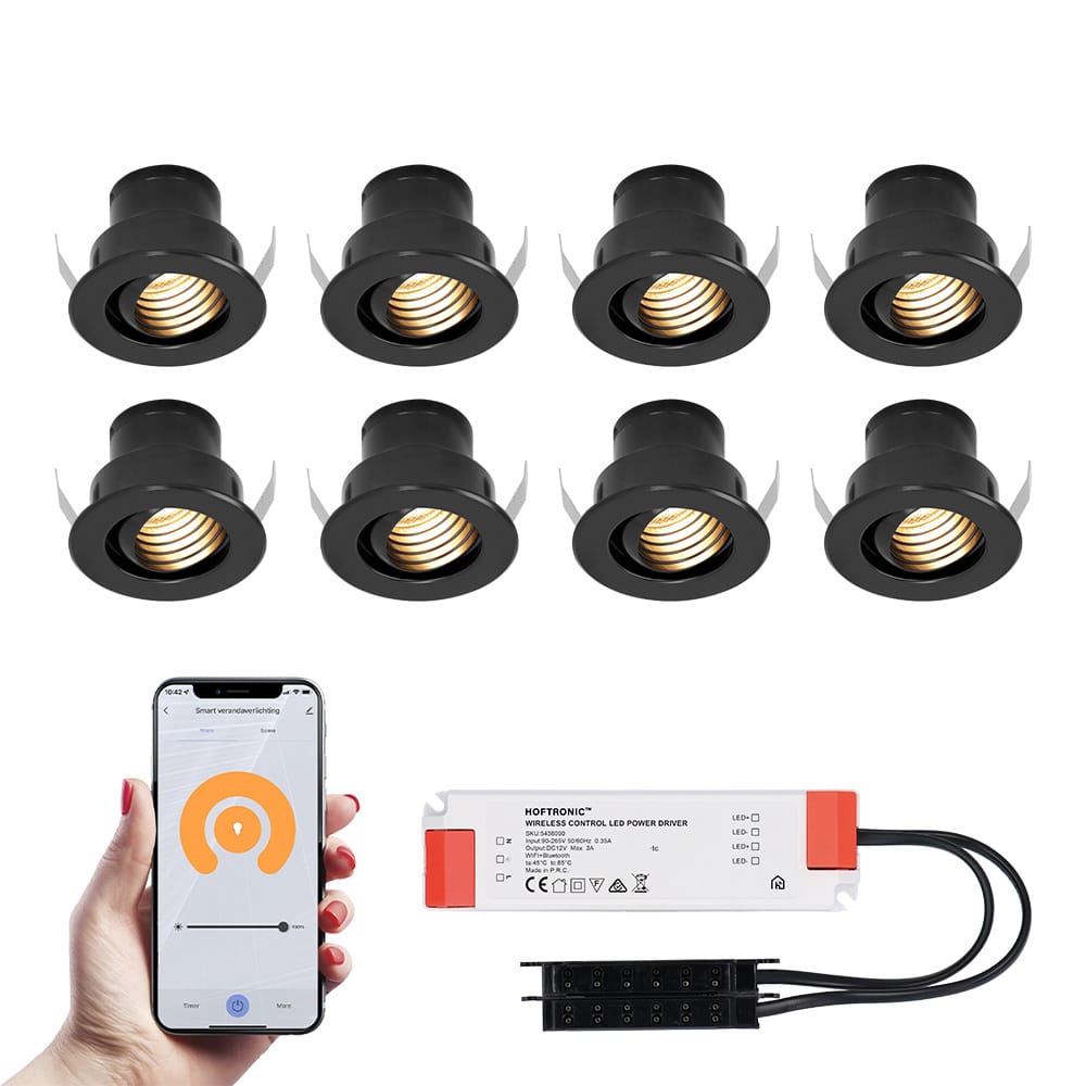 Set van 8 Medina Smart LED Mini Inbouwspots - Veranda spots - 12V 3W 150lm - Dimbaar - Kantelbaar - Wifi & Bluetooth - 2700K - IP44 - Zwart afbeelding