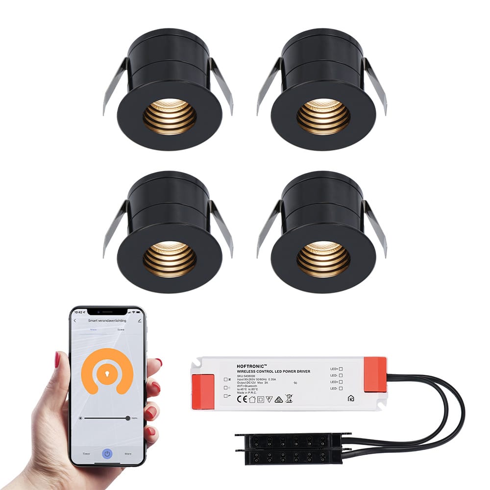 Set van 4 Betty Smart LED Mini Inbouwspots - Veranda spots - 12V 3W 140lm - Dimbaar - Wifi & Bluetooth - 2700K - IP44 waterdicht - Zwart afbeelding