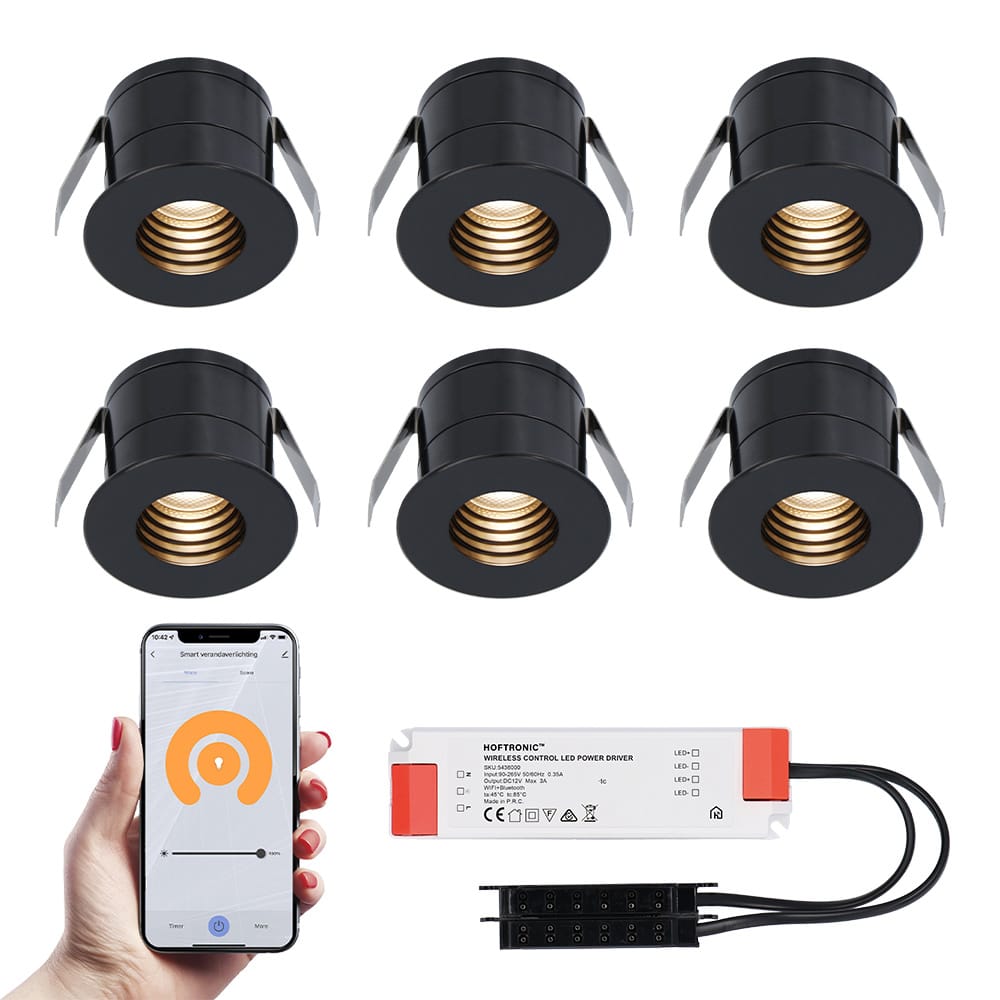 Set van 6 Betty Smart LED Mini Inbouwspots - Veranda spots - 12V 3W 140lm - Dimbaar - Wifi & Bluetooth - 2700K - IP44 waterdicht - Zwart afbeelding