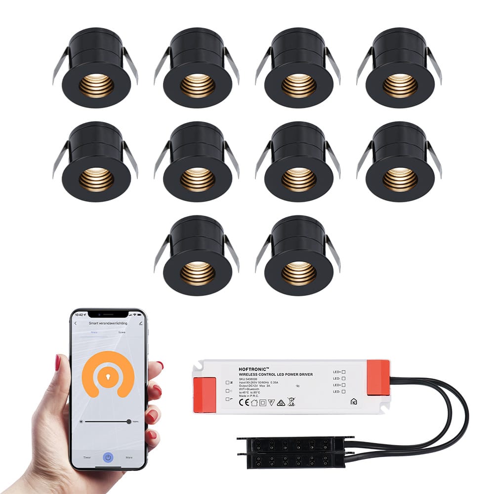 Set van 10 Betty Smart LED Mini Inbouwspots - Veranda spots - 12V 3W 140lm - Dimbaar - Wifi & Bluetooth - 2700K - IP44 waterdicht - Zwart afbeelding