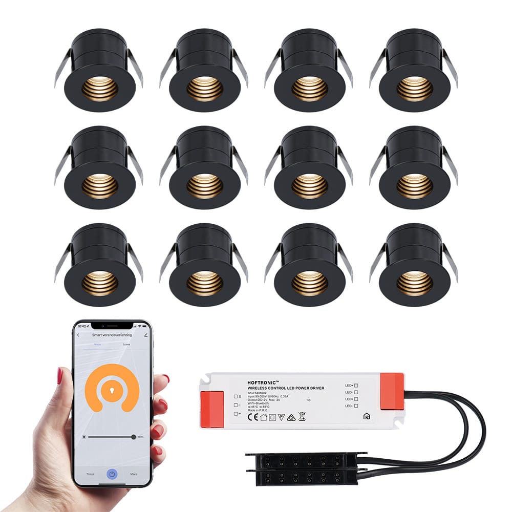 Set van 12 Betty Smart LED Mini Inbouwspots - Veranda spots - 12V 3W 140lm - Dimbaar - Wifi & Bluetooth - 2700K - IP44 waterdicht - Zwart afbeelding