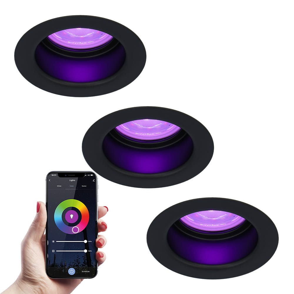 Set van 3 Mari - Smart inbouwspot - IP65 waterdicht - 5,5 Watt 345 Lumen - Wifi + Bluetooth - RGBWW - GU10 - Google Home, Amazon Alexa en Siri - Voor binnen, buiten en badkamer - Zwart afbeelding