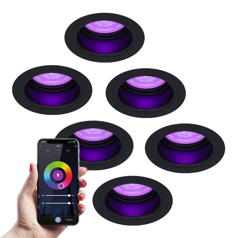 Set van 6 Mari - Smart inbouwspot - IP65 waterdicht - 5,5 Watt 345 Lumen - Wifi + Bluetooth - RGBWW - GU10 - Google Home, Amazon Alexa en Siri - Voor binnen, buiten en badkamer - Zwart afbeelding