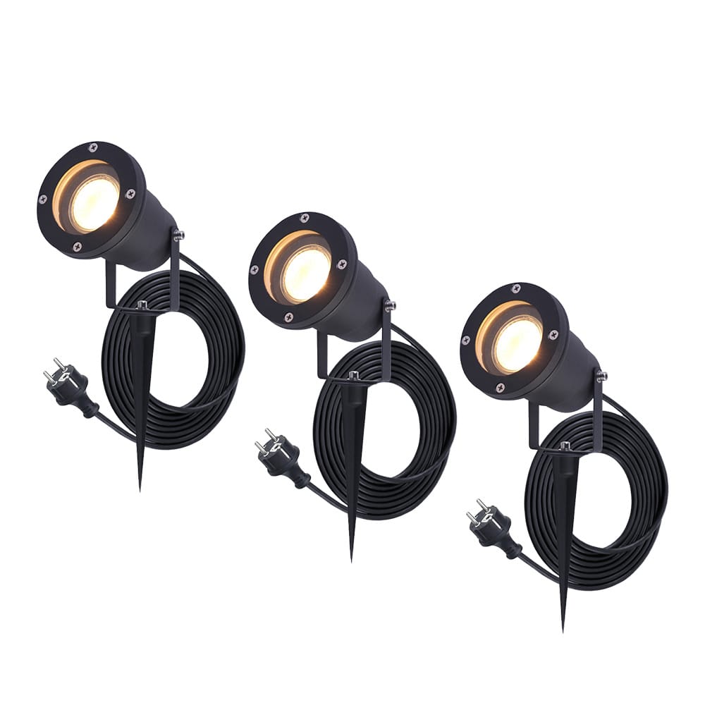 Set van 3 Sydney LED prikspots - GU10 4 Watt 345 lumen - Dimbaar - Kantelbaar - 2700K warm wit - IP65 Waterdicht - 1.5m kabel met EU-stekker - Zwart afbeelding