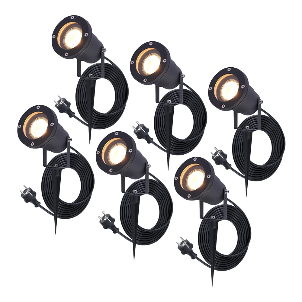 Set van 6 Sydney LED prikspots - GU10 4 Watt 345 lumen - Dimbaar - Kantelbaar - 2700K warm wit - IP65 Waterdicht - 1.5m kabel met EU-stekker - Zwart afbeelding