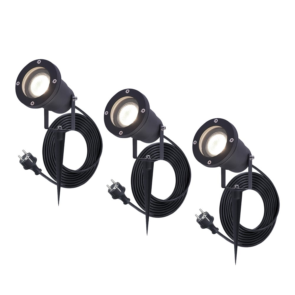 Set van 3 Sydney LED prikspots - GU10 5 Watt 400 lumen - Dimbaar - Kantelbaar - 4000K neutraal wit - IP65 waterdicht - 1.5m kabel met EU-stekker - Zwart afbeelding