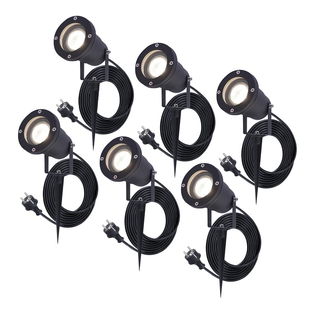 Set van 6 Sydney LED prikspots - GU10 5 Watt 400 lumen - Dimbaar - Kantelbaar - 4000K neutraal wit - IP65 waterdicht - 1.5m kabel met EU-stekker - Zwart afbeelding