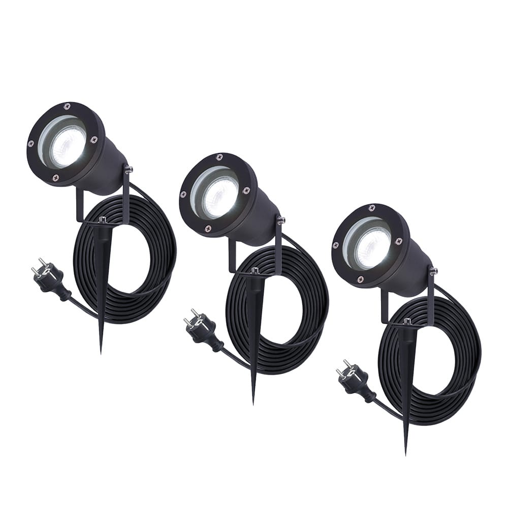 Set van 3 Sydney LED prikspots - GU10 5 Watt 400 lumen - Dimbaar - Kantelbaar - 6000K daglicht wit - IP65 waterdicht - 1.5m kabel met EU-stekker - Zwart afbeelding