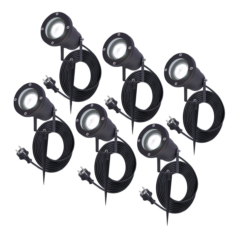 HOFTRONIC™ 6x Sydney Prikspot - GU10 - Plug & Play - Daglicht wit 6000K - 5 Watt - Voor buiten - Priklamp - Zwart - Grondspies - 1.5 meter netsnoer