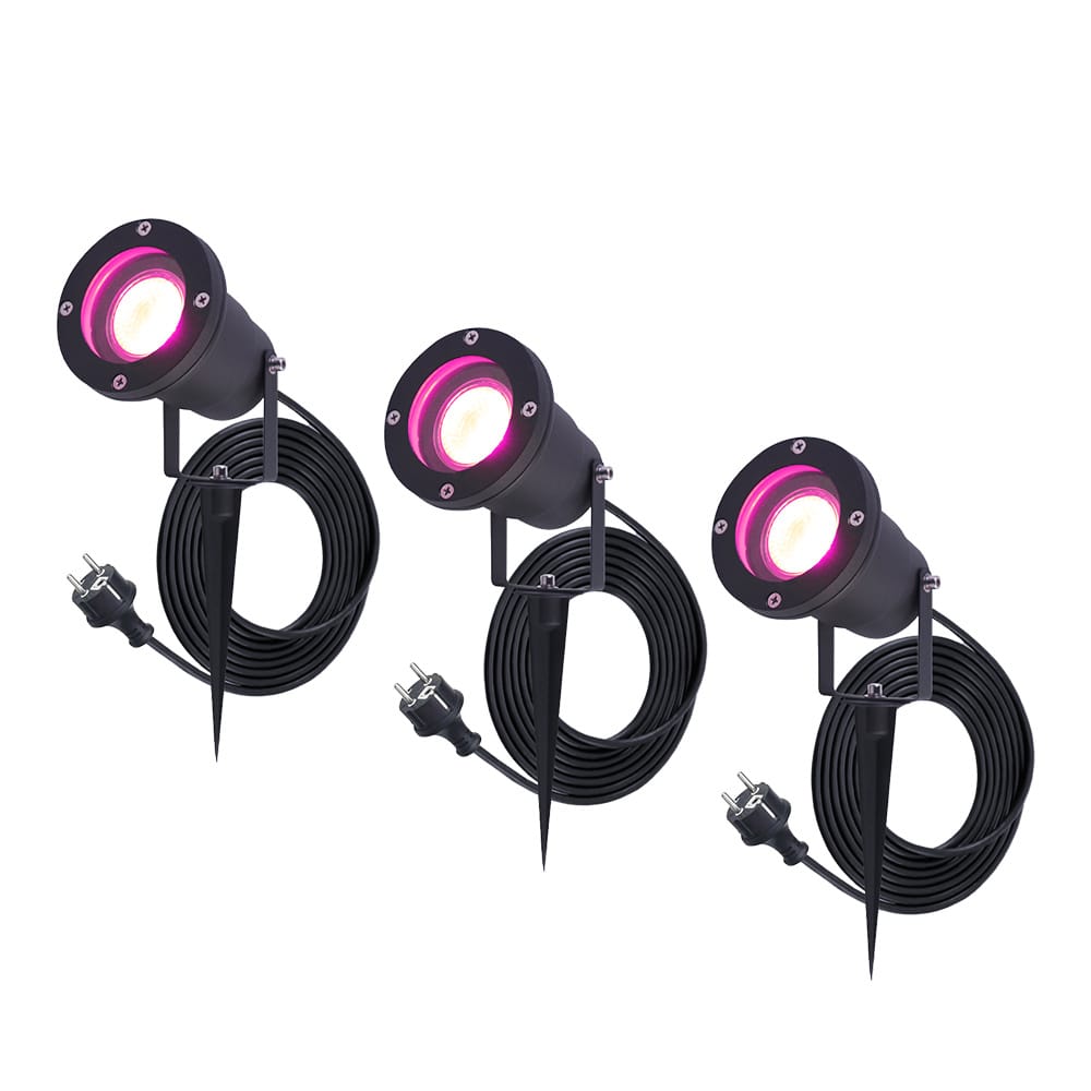 Set van 3 Sydney Smart prikspots - RGBWW - Wifi + Bluetooth - 5,5 Watt 400 lumen - IP65 Waterdicht - 1,5m netsnoer - Bestuurbaar via App - Google Home, Amazon Alexa en Siri - Zwart - Tuinspots afbeelding