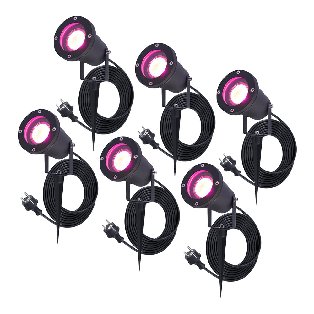 Set van 6 Sydney Smart prikspots - RGBWW - Wifi + Bluetooth - 5,5 Watt 345 lumen - IP65 Waterdicht - 1,5m netsnoer - Bestuurbaar via app - Google Home, Amazon Alexa en Siri - Zwart - Tuinspots afbeelding