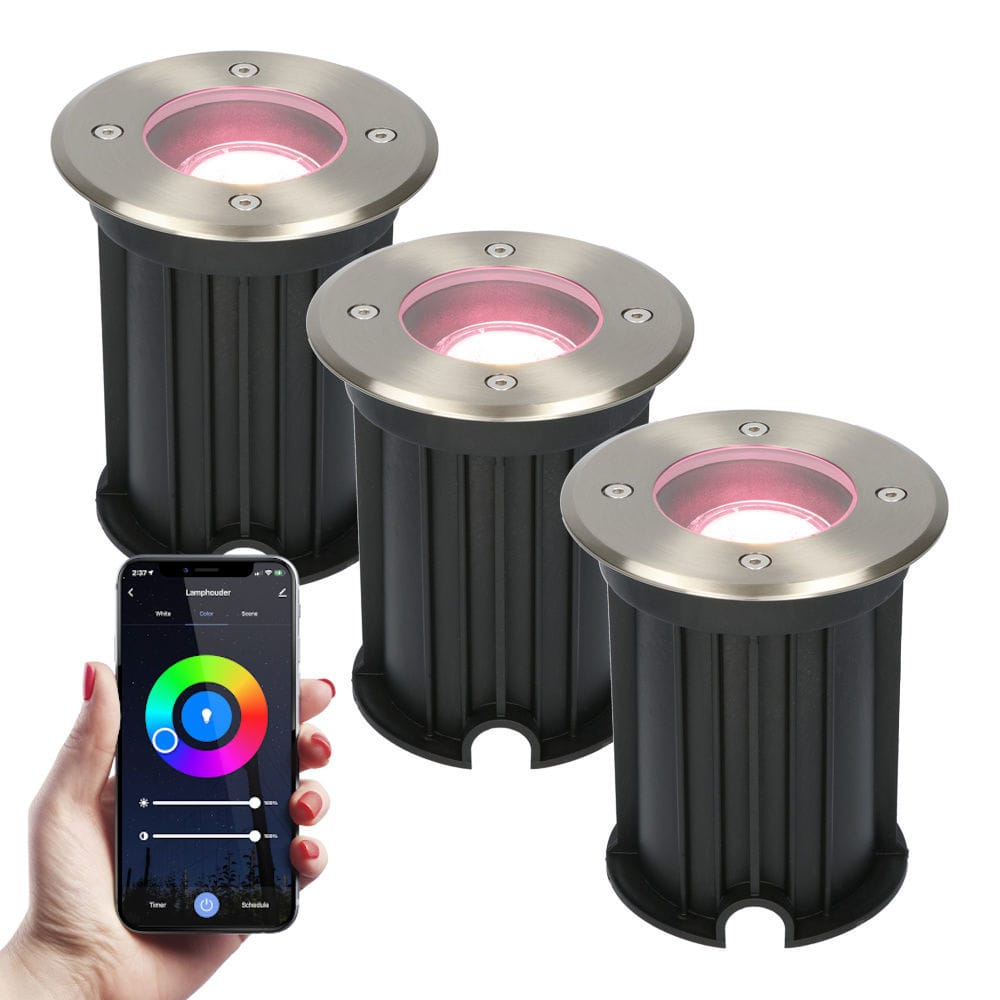 Set van 3 Smart Grondspots buiten - 5,5 Watt 345 lumen - RGBWW - Wifi + Bluetooth - Bestuurbaar via app - IP65 waterdicht - Google Home, Amazon Alexa en Siri - RVS afbeelding