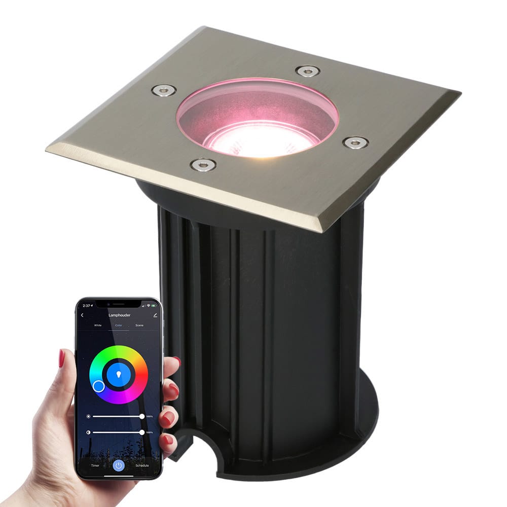 Smart Grondspot buiten - Vierkant - 5,5 Watt 345 lumen - RGBWW - Wifi + Bluetooth - Bestuurbaar via app - IP65 waterdicht - Google Home, Amazon Alexa en Siri - RVS afbeelding