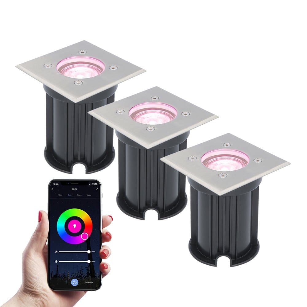 Set van 3 Smart Grondspots buiten - Vierkant - 5,5 Watt 345 lumen - RGBWW - Wifi + Bluetooth - Bestuurbaar via app - IP65 - Google Home, Amazon Alexa en Siri - RVS