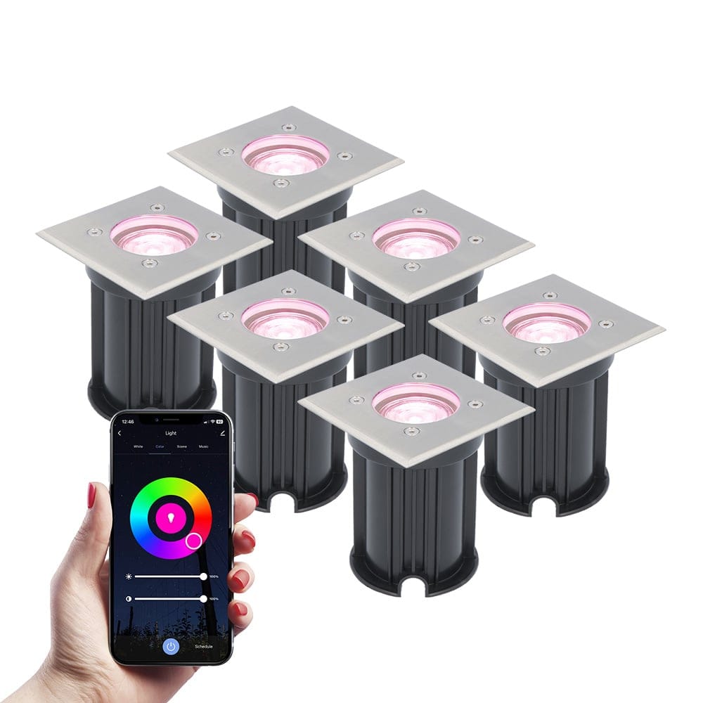 Set van 6 Smart Grondspots buiten - Vierkant - 5,5 Watt 345 lumen - RGBWW - Wifi + Bluetooth - Bestuurbaar via app - IP65 - Google Home, Amazon Alexa en Siri - RVS afbeelding