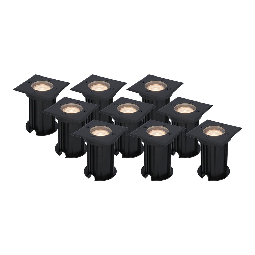Set van 9 Ramsay LED Grondspots vierkant - Dimbaar - GU10 - 2700K warm wit - 4 Watt 345 lumen - Tuinspot - Zwart - IP67 waterdicht - Overrijdbaar voor de Oprit, Tuin en Terras afbeelding