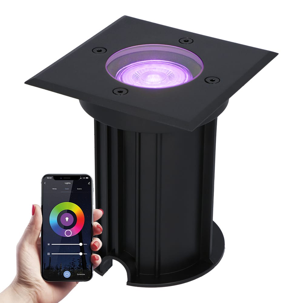 Ramsay Smart Grondspot buiten - Vierkant - 5,5 Watt 400 lumen - RGBWW - Wifi + Bluetooth - Bestuurbaar via app - IP67 - Google Home - Amazon Alexa - Zwart afbeelding