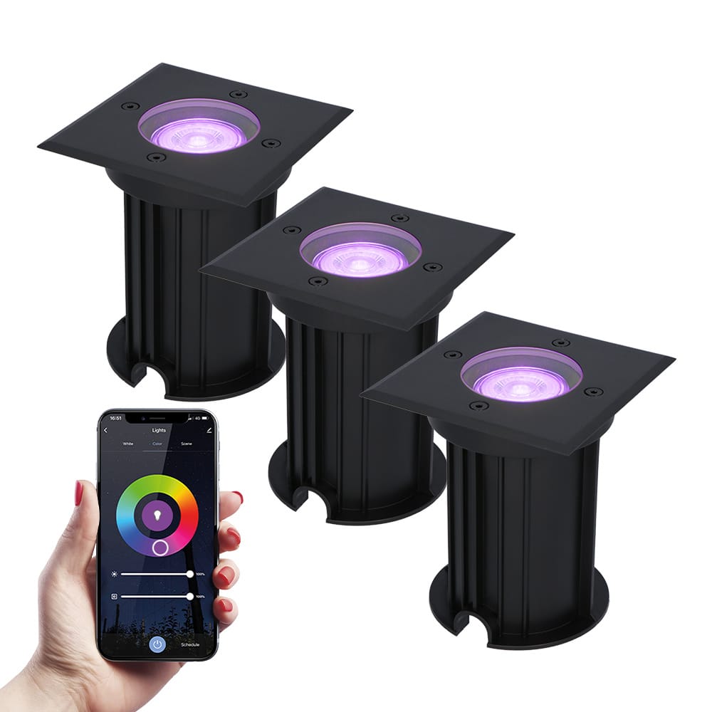 Set van 3 Ramsay Smart Grondspots buiten - Vierkant - 5,5 Watt 400 lumen - RGBWW - Wifi + Bluetooth - Bestuurbaar via app - IP67 - Google Home - Amazon Alexa - Zwart afbeelding
