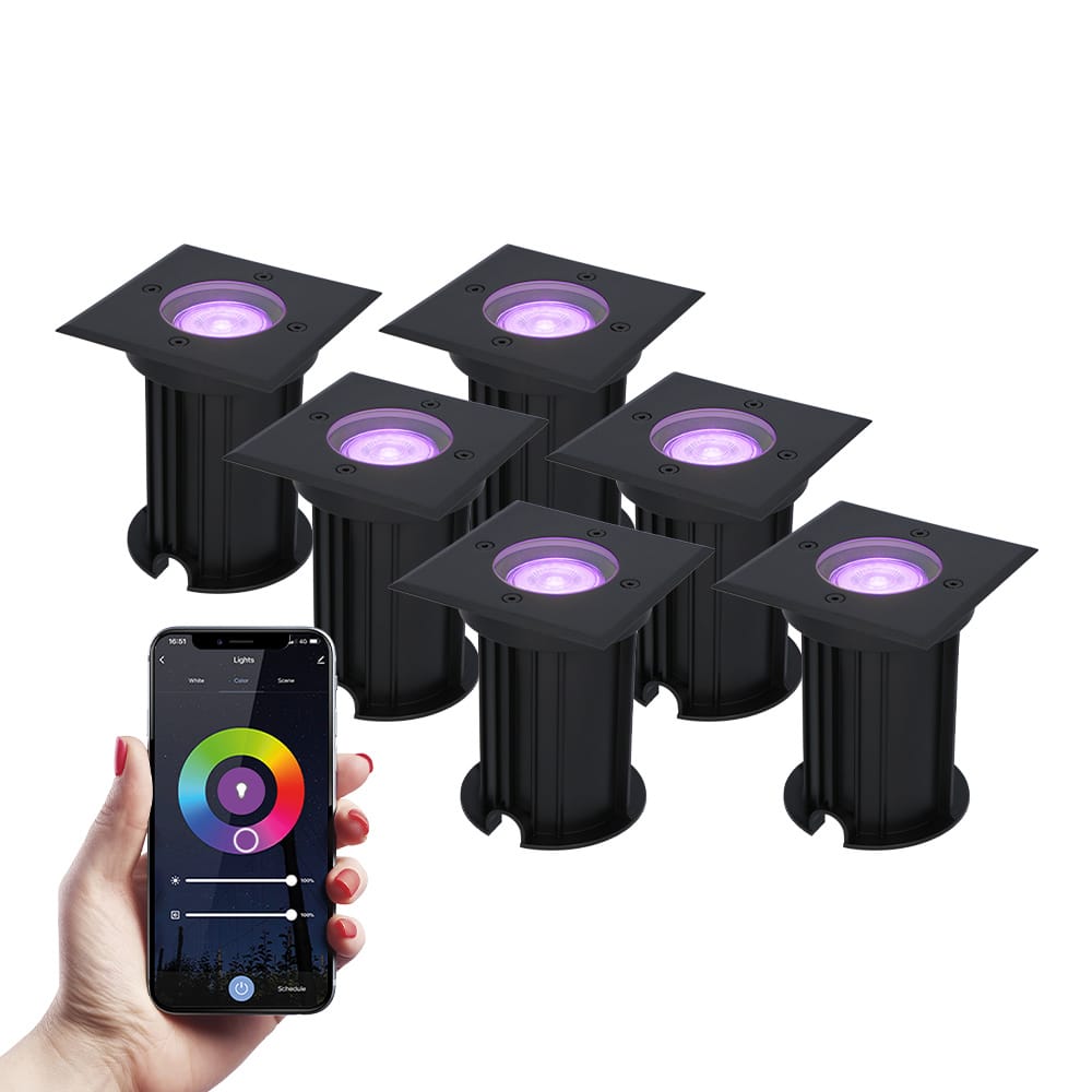 Set van 6 Ramsay Smart Grondspots buiten - Vierkant - 5,5 Watt 400 lumen - RGBWW - Wifi + Bluetooth - Bestuurbaar via app - IP67 - Google Home - Amazon Alexa - Zwart afbeelding