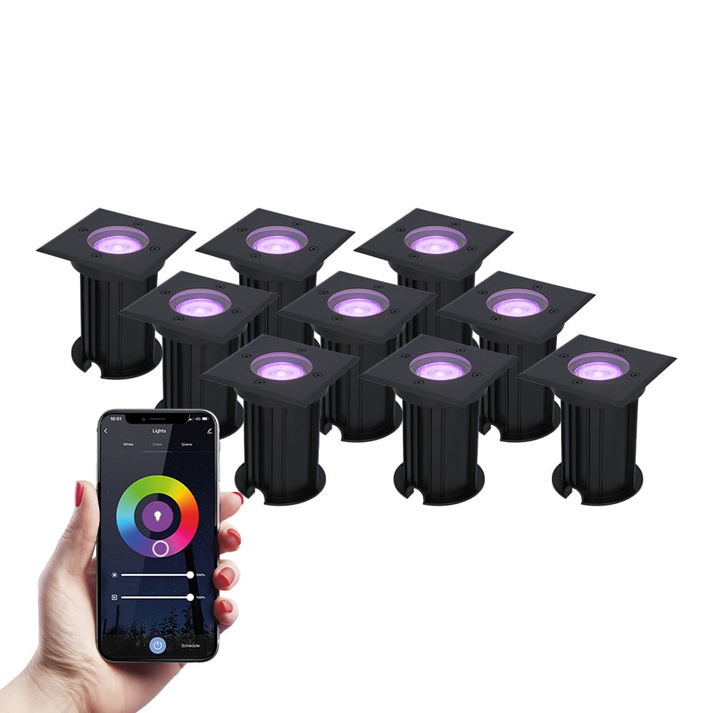 Set van 9 Ramsay Smart Grondspots buiten - Vierkant - 5,5 Watt 400 lumen - RGBWW - Wifi + Bluetooth - Bestuurbaar via app - IP67 - Google Home - Amazon Alexa - Zwart afbeelding