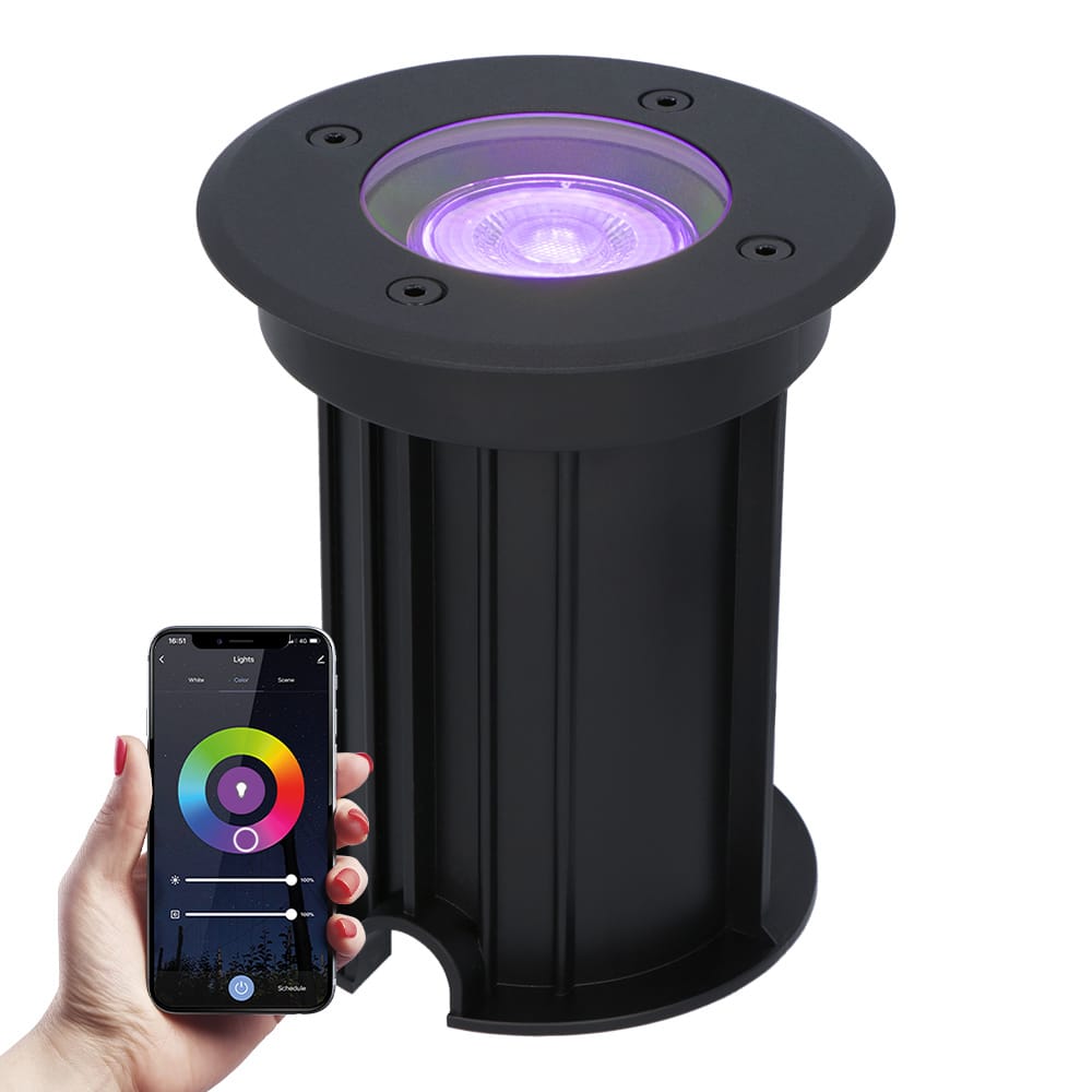 Maisy Smart Grondspot Rond - Ø12cm - 5.5 Watt 400 lumen - RGBWW - Wifi + Bluetooth - Bestuurbaar via app - IP67 waterdicht - Google Home, Amazon Alexa en Siri - Zwart afbeelding