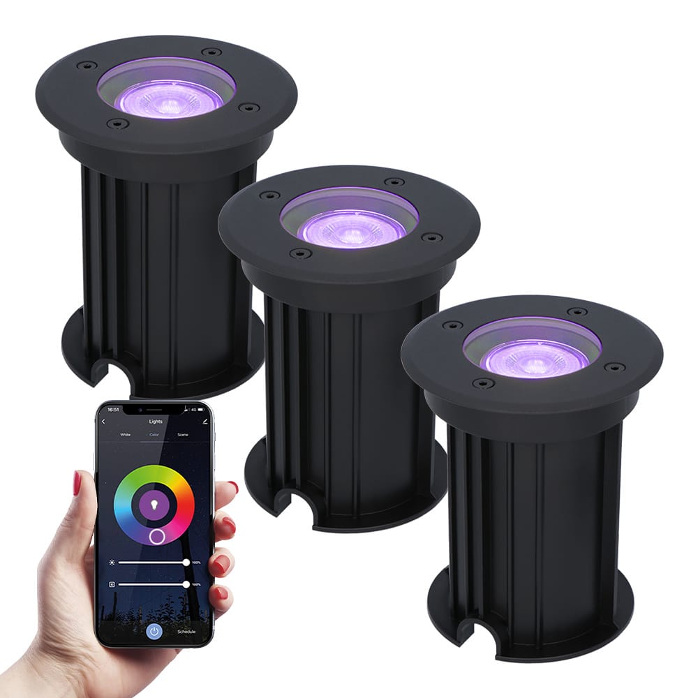 Set van 3 Maisy Smart Grondspots Rond Ø12cm 5.5 Watt 345 lumen RGBWW Wifi Bluetooth Bestuurbaar via app IP67 waterdicht Google Home Amazon Alexa Zwart