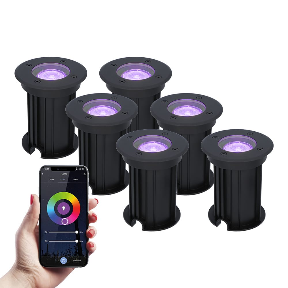 Set van 6 Maisy Smart Grondspots Rond Ø12cm 5.5 Watt 345 lumen RGBWW Wifi Bluetooth Bestuurbaar via app IP67 waterdicht Google Home Amazon Alexa Zwart